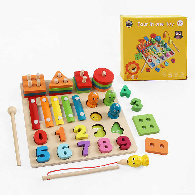 Логічна дерев’яна дошка F 43614 (32) магнітна риболовля, кілочки, сортер за кольорами та формами, цифри, ксилофон, назви англ. мовою, в коробці