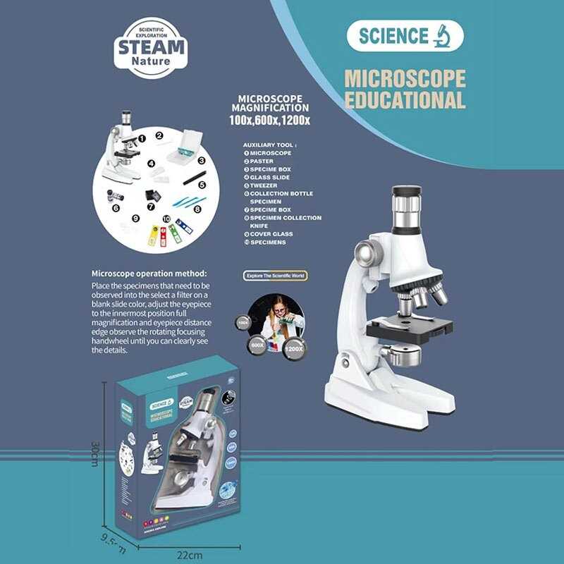 Мікроскоп 3304 (36) збільшення 100х, 600х та 1200х, інструменти, скельця, підсвічування, на батарейках, в коробці