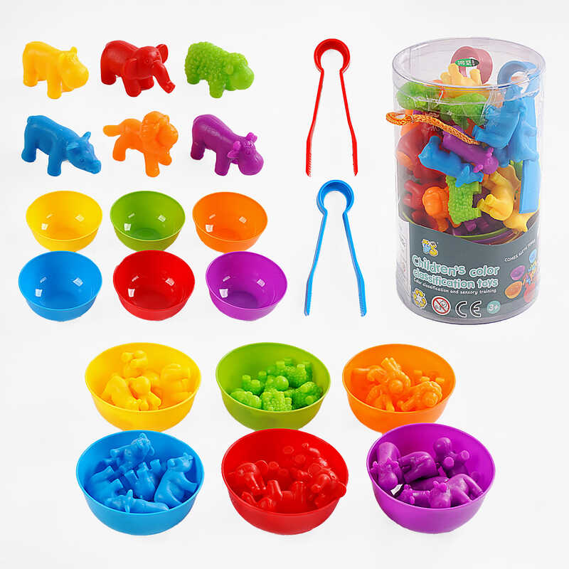 Логічна гра 2188-18 (60/2) “Звіряти”, 36 елементів, кольорові тваринки, 6 мисочок, 2 пари щипців, у тубі