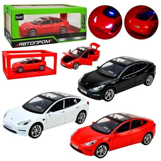 Машинка AP7728 , масштаб 1:24 , "Tesla model 3", світло, звук , метал , відч. двері/капот/багажник , коробка, серія машинок "АВТОПРОМ"