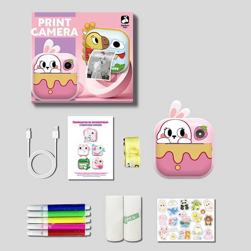 Фотоапарат-принтер M 5 R (50) фронтальна камера, дріт micro USB, роз’єм для SD карти, 2 рулони термопаперу, ремінець, наліпки, фломастери, в коробці