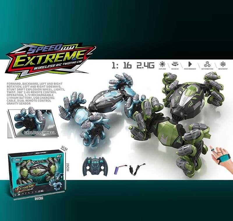 Машина на радіокеруванні YJ 096-1 A (36) 2 кольори, роликові колеса, підсвічування, зміна положення корпуса, USB-кабель, колеса розкриваються при русі, акум. 3.7V, масштаб 1:16, пульт 2.4G + сенсорний браслет, в коробці