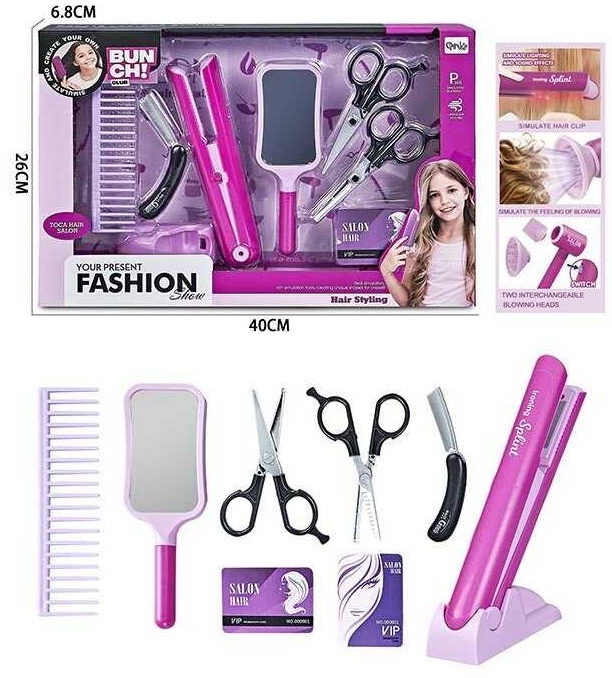 Набір перукаря QY 013 , стайлер на батарейках, ножиці, гребінець, дзеркало, в коробці