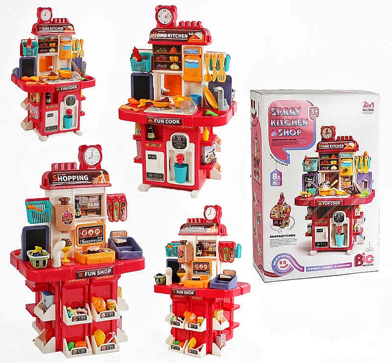 Кухня і супермаркет L 666-88 , 83 елементи, висота - 77 см, звук, підсвічування, кулер, холодильник, генератор льоду, пара, ллється вода з крана, посуд, сканер, продукти, в коробці