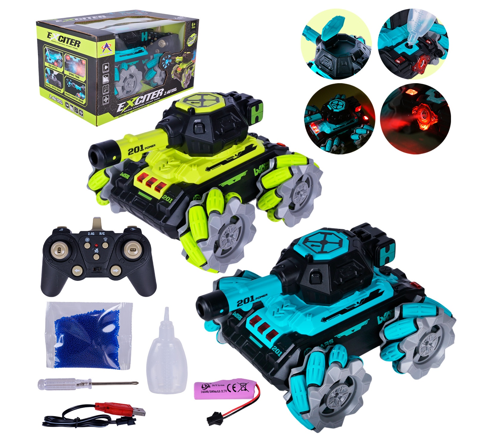 Танк на радіокеруванні  KT907A , роликові колеса, парогенератор, 2 кольори, підсвічування, акумулятор 3.7 V, пульт 49 MHz, стріляє орбізами, орбізи, дріт для підзаряджання, в коробці