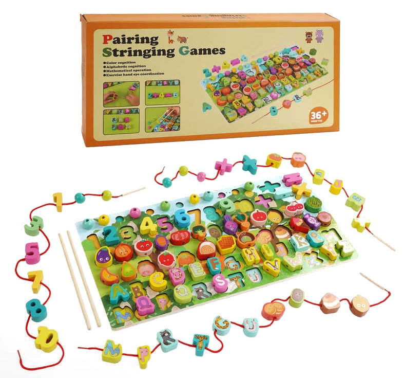 Логічна дерев’яна дошка C 67048 , літери та назви продуктів англійською, сортер, цифри, шнурівка, кульки, палички, в коробці