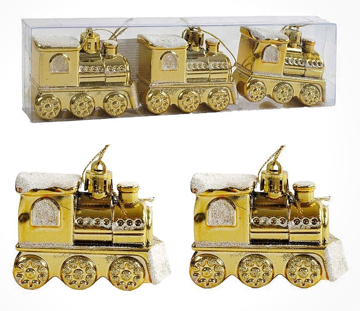 Новорічні прикраси C 67205 , 3 штуки, “Паровозики”, у слюді