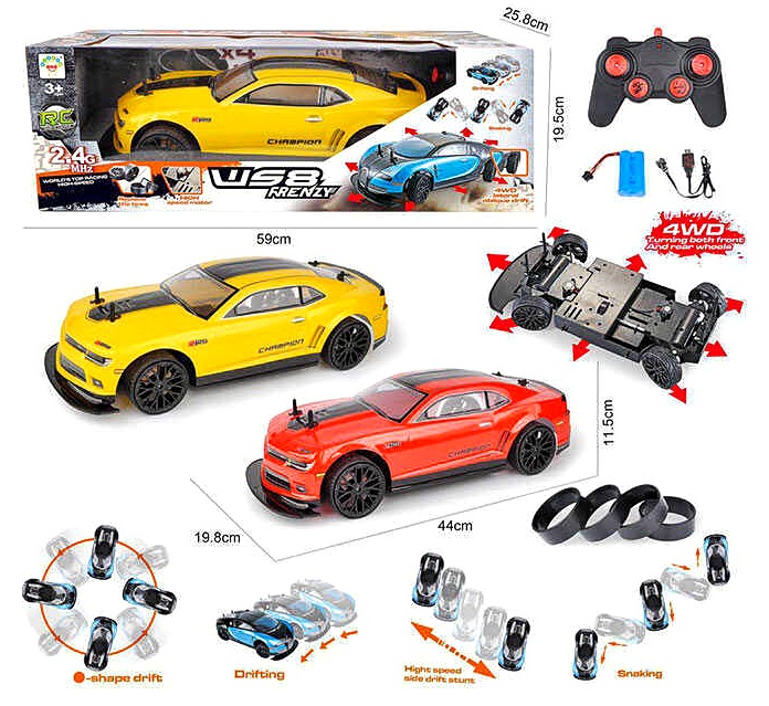 Машина на радіокеруванні 1347-2 A , дрифт, 2 кольори, довжина 42 см, акумулятор 7.3 V, пульт на батарейках, замінні шини, в коробці