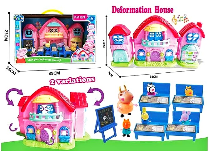 Герої «Свинка Пеппа» + будиночок YQ 8026 / 8028 розкладається, підсвічується, пісня англійською мовою, рухомі деталі, 6 фігурок героїв, гумова голова, меблі, в коробці