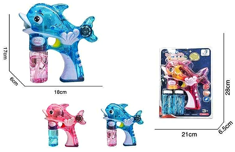 Мильні бульбашки - пістолет 6210 A , 2 кольори, “Дельфінчик”, на батарейках, автоматичний принцип роботи, 2 пляшки мильного розчину, музика, підсвічування, на листі