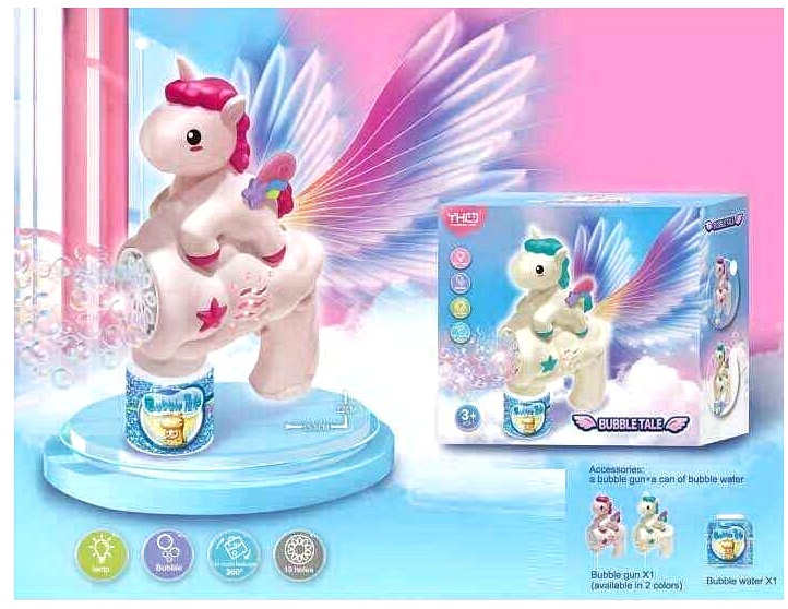 Мильні бульбашки - пістолет 333-25 , “Єдиноріг”, автоматичний принцип, мильний розчин, на батарейках, підсвічування, в коробці