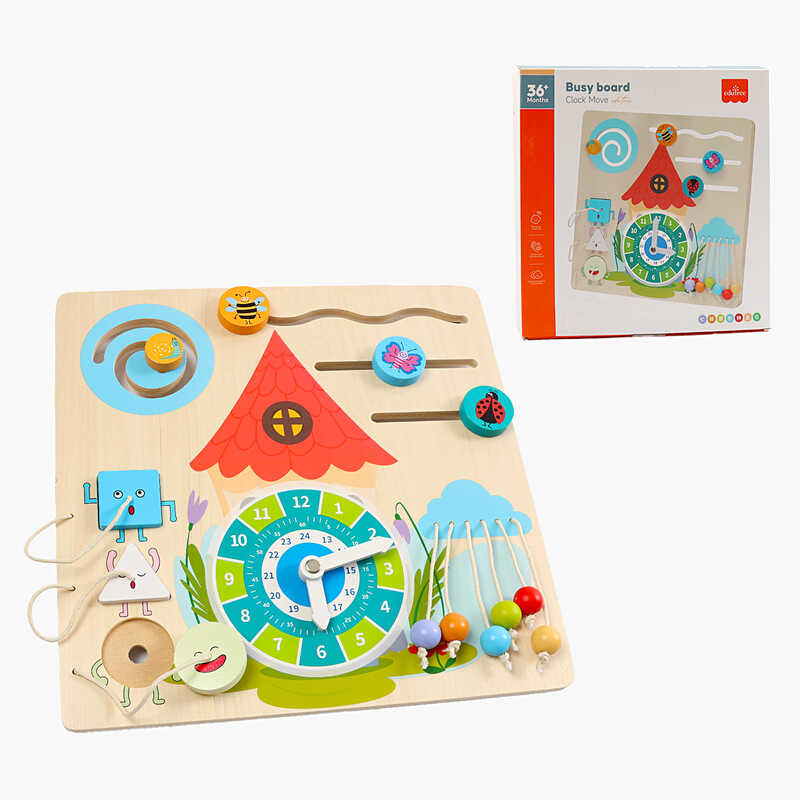 Бізіборд дерев'яний C 66129 (40) годинник, пальчикові ігри, геометричний сортер, кольорові кульки, в коробці