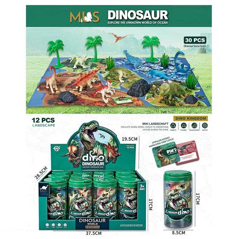Набір динозаврів E 034-1 (6) ЦІНА ЗА 12 ШТУК В БЛОЦІ “Динозаври” 30 елементів, динозаври, аксесуари, картки, карта, в тубі