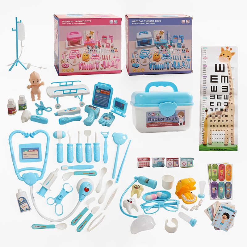 Набір лікаря 839-021 (48) 2 види, 73 елементи, пупсик, бокс, окуляри, стетоскоп, звук серцебиття, підсвічування, термометр, ліхтарик, молоточок, медичне приладдя, в коробці