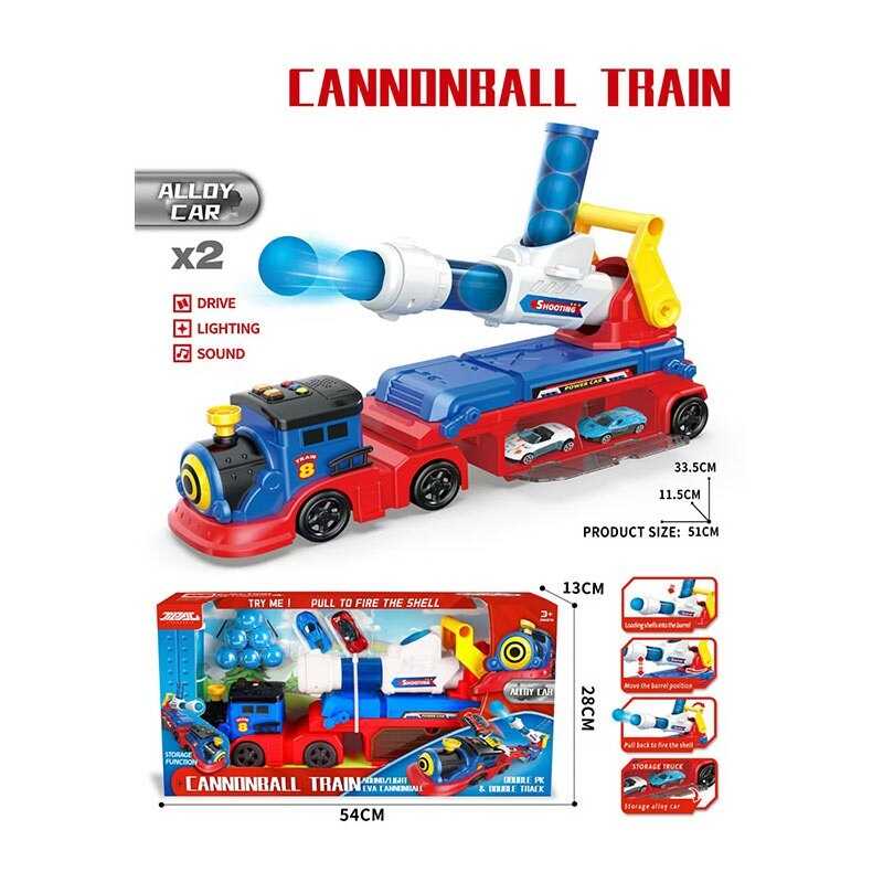 Потяг JP 588-34 A (12) звуки, підсвічування, 2 металопластикові машинки, механічна ракетниця з м’якими кульками, м’які кульки, на батарейках, в коробці