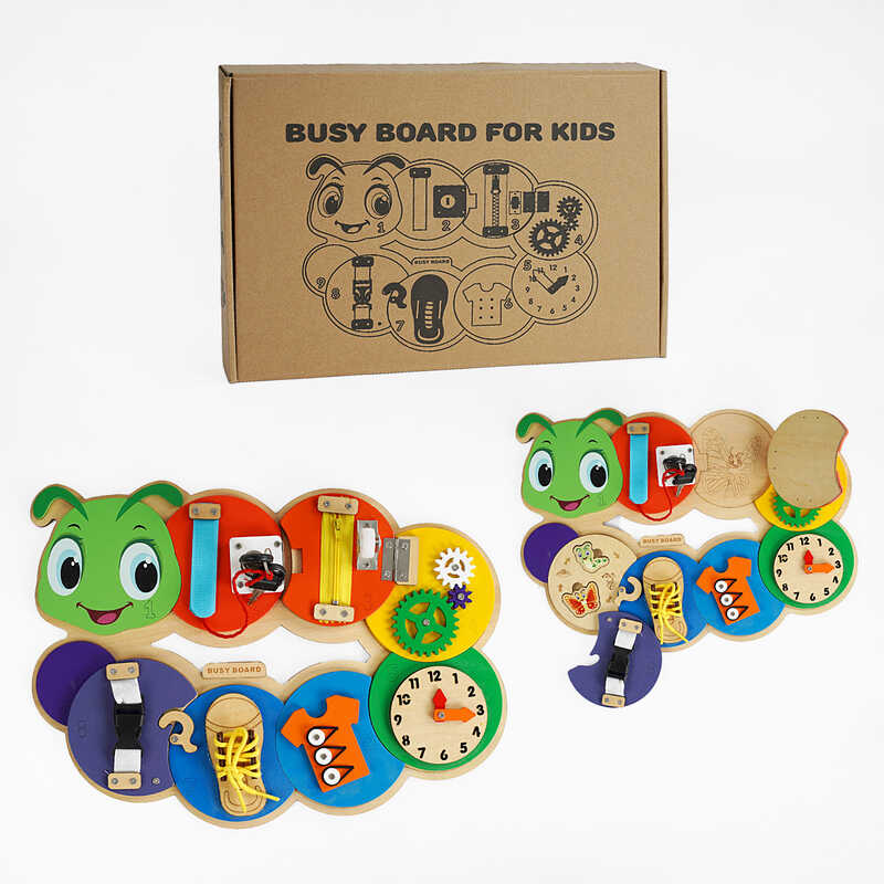 Бізіборд дерев'яний C 64007 (20) “Гусінь”, ключі, застібки, змійка, шестерні, годинник, шнурівка, в коробці