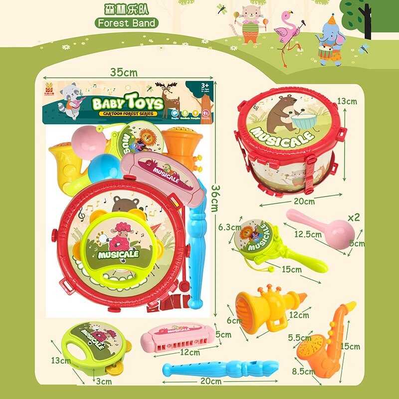 Музичні інструменти 668-3 (36/2) барабан, барабанні палички, гармоніка, бубон, саксофон, флейта, гармоніка, маракаси, барабан - колотушка, в пакеті