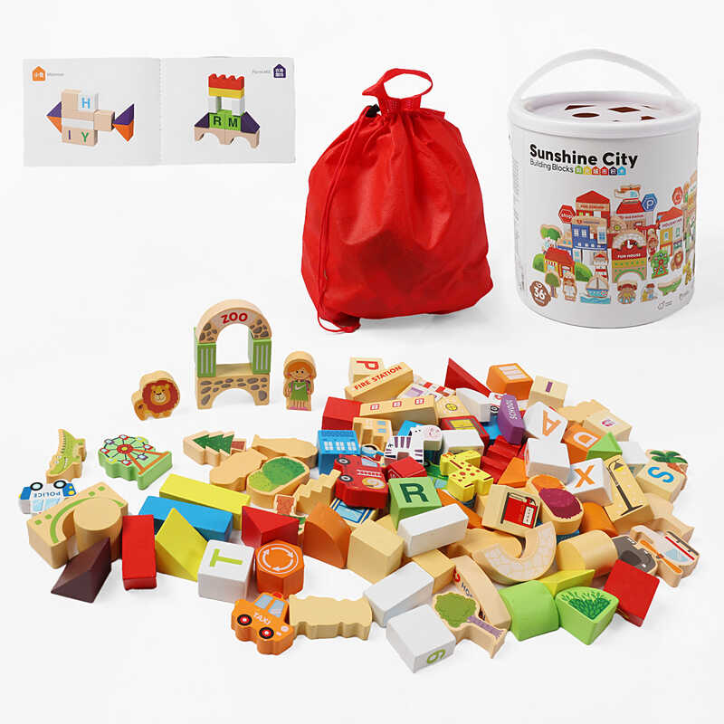 Конструктор дерев’яний C 74149 (12) фігурки людей, тваринок, транспорту, літери англійського алфавіту, назви установ англійською, мішечок, у відрі