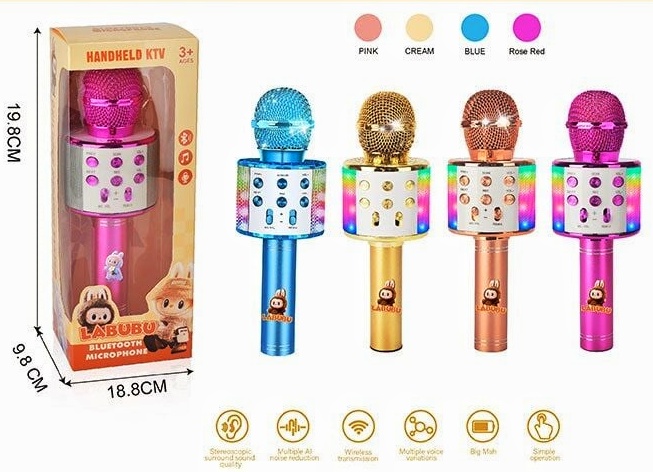 Мікрофон WS 858 A «Лабубу» , Bluetooth, зміна голосу, ехо, кілька режимів, AUX, роз’єм для TF-карти, підсвічування, регуляція гучності, в коробці, МІКС ВИДІВ