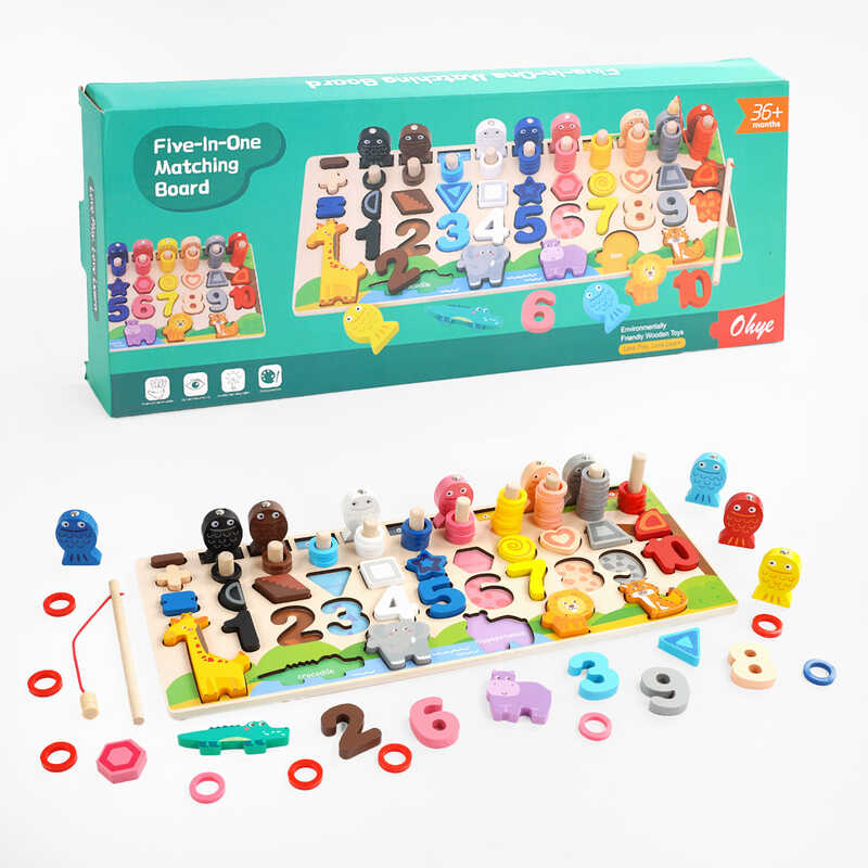 Логічна дерев’яна дошка C 65796 , назви форм і тварин англійською, сортер, магнітна риболовля, кілочки з кільцями, цифри, в коробці