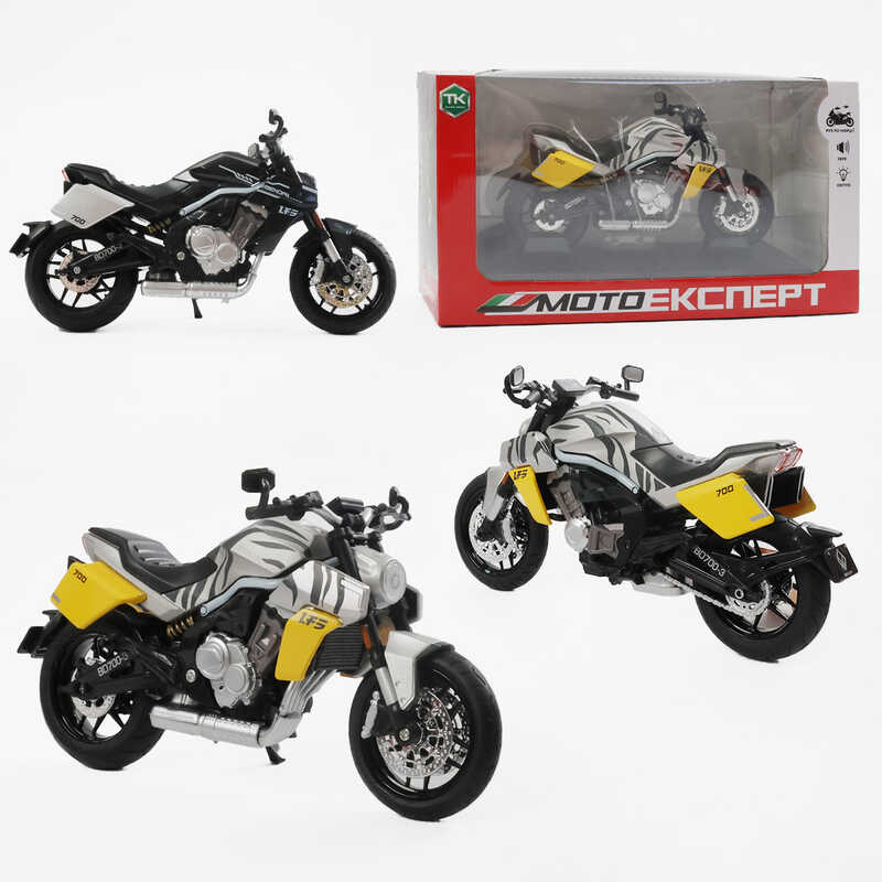 Мотоцикл BG 84-755 (48/2) "Мото Експерт", 2 кольори, металопластик, масштаб 1:12, прогумовані колеса, підсвічування, звук, амортизація, платформа,  в коробці