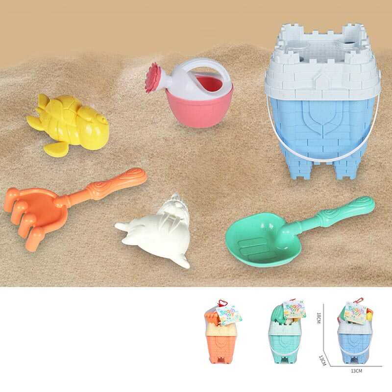 Пісочний набір KZ 6444 A (72/2) 3 кольори, відро, лійка, лопатка, граблі, сито, 2 формочки, в сітці, ВИДАЄТЬСЯ ТІЛЬКИ МІКС ВИДІВ