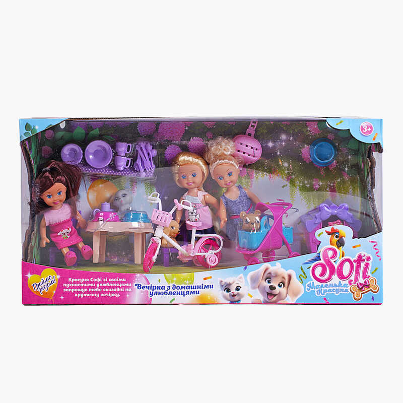 Лялька Sofi 49095 (24/2) “Вечірка з домашнімі улюбленцями”, 3 ляльки, собачки, аксесуари, в коробці