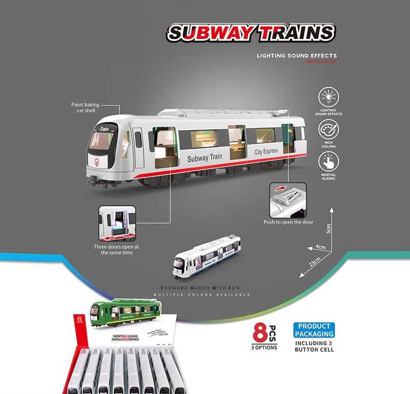 Набір потягів 731-27 D (12) ЦІНА ЗА 8 ШТУК В БЛОЦІ, розмір - 23х4х5 см, інерційний механізм,  звуки, підсвічування, механічне відкриття дверей, в коробці