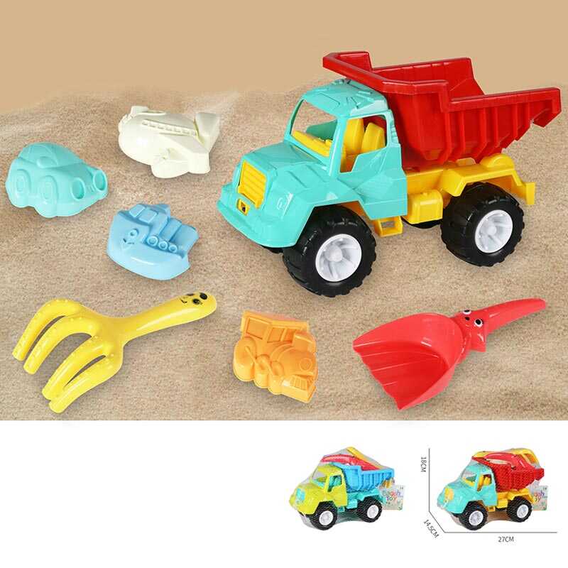 Пісочний набір KZ 6438 (36/2) 2 кольори, розмір самоскида - 27х14.5х18 см, лопатка, граблі, 4 формочки, в сітці