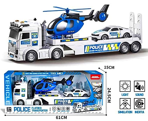Трейлер JP588-77B "Поліція" , світло , звук , вертоліт , машинка , коробка