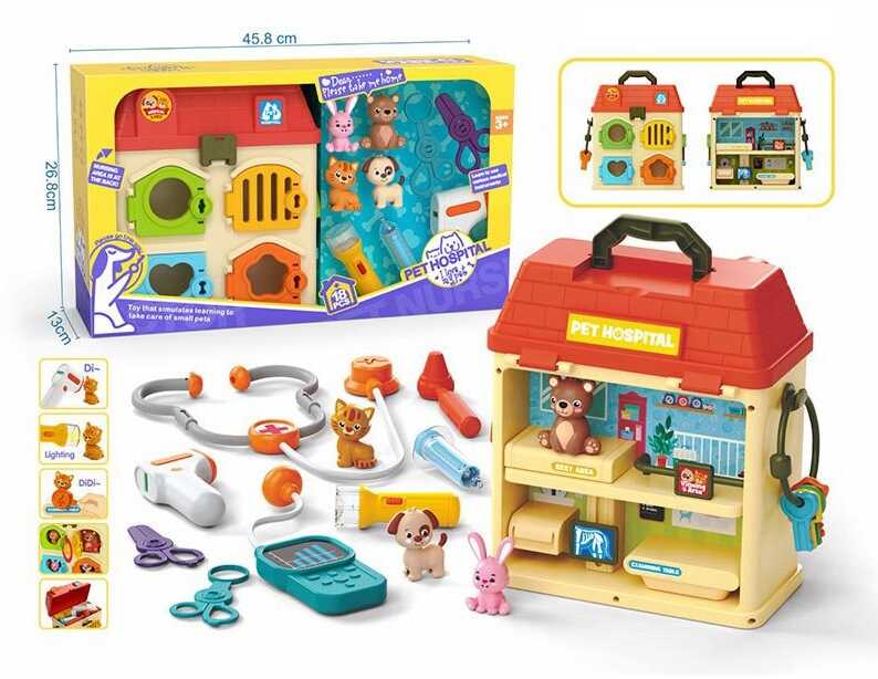 Ветеринарна клініка XG 6-2 (6) 18 елементів, висота двосторонньої клініки 26 см, підсвічування, звуки серцебиття та писку, ключі й замки, дах будиночка відчиняється, стетоскоп, термометр, ліхтарик, в коробці