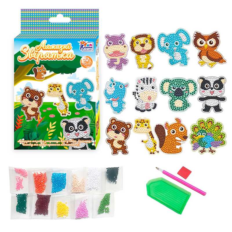 гр Алмазні стікери "Звірятка" 20299 (60) "4FUN Game Club", наліпки, стилус, силіконовий клей, піддон, алмази, в коробці