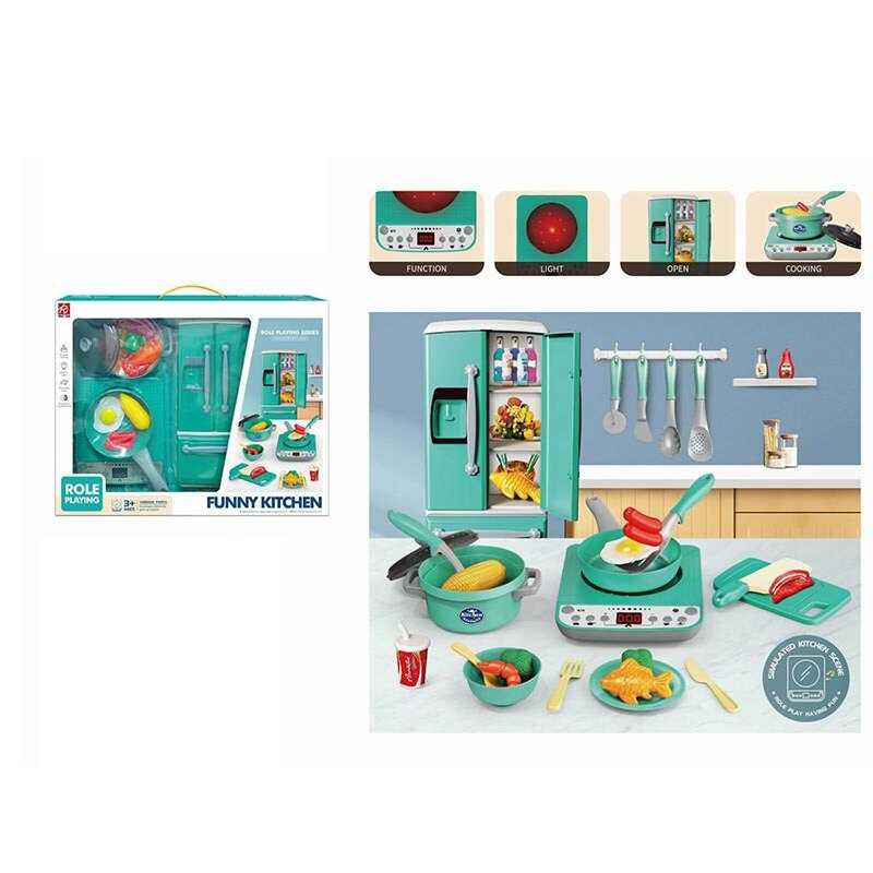 Набір техніки RJ 5810 B (12) плита підсвічується, звукові ефекти, таймер, холодильник, рухомі дверцята, посуд, муляжі харчових продуктів, у коробці