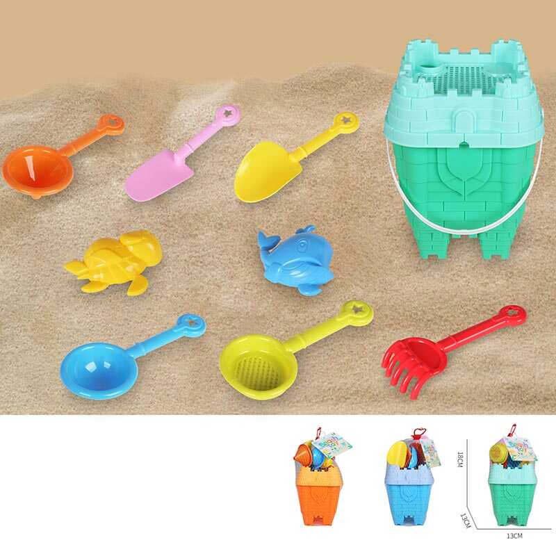 Пісочний набір KZ 6445 (72/2) 3 кольори, відро, воронка, 2 лопатки, граблі, сито, шпатель, 2 формочки, в сітці, ВИДАЄТЬСЯ ТІЛЬКИ МІКС ВИДІВ