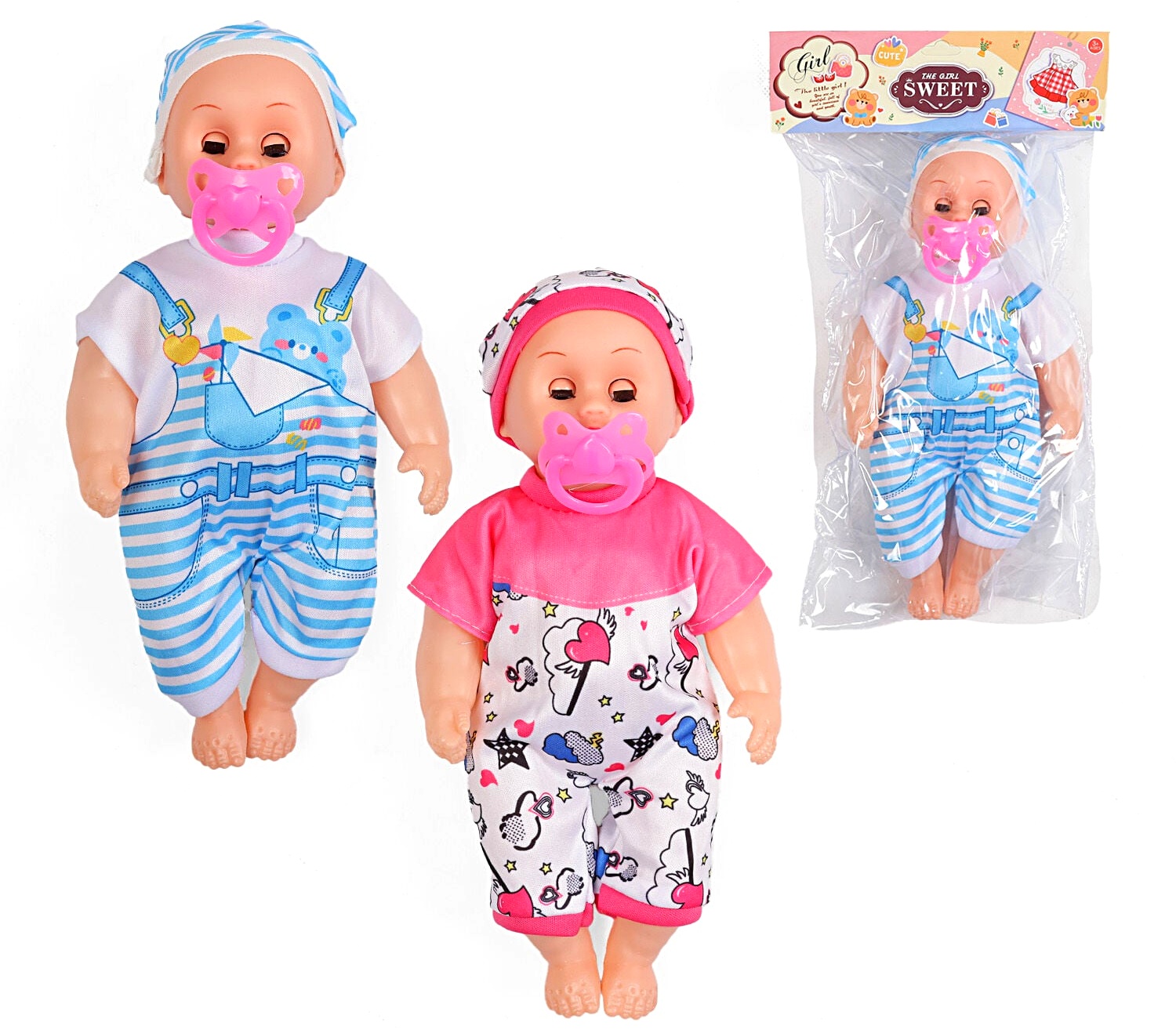 Пупс F 231 A , 2 види, висота: 25.5 см, рухливі повіки, знімний одяг, рухливі кінцівки, музичний чип, соска, в пакеті