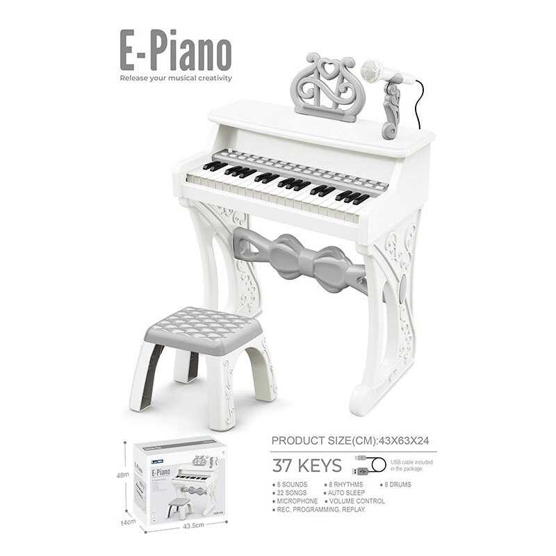 Піаніно 328-60 (6) мікрофон, стілець, 37 клавіш, працює від мережі або батарейок, звук, мелодії, 2 AUX-роз'єми, AUX-кабель, USB-AUX кабель, регулювання гучності, функція запису, в коробці