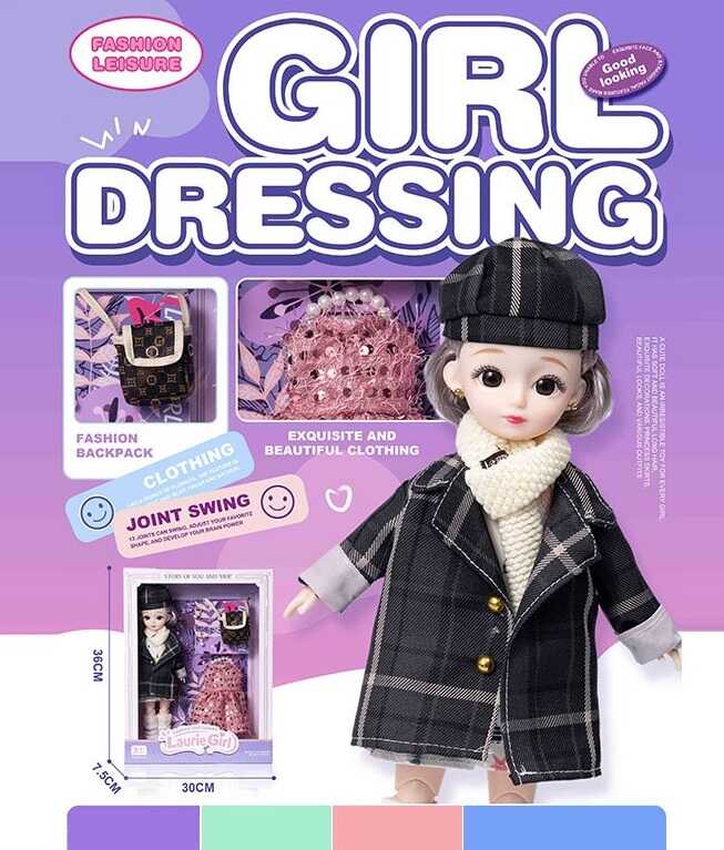 Лялька Q-A 33 (72/2)  висота - 30 см, тіло — пластик, голова — гума, шарнірні з’єднання суглобів, знімне взуття, змінний одяг, аксесуари, в коробці