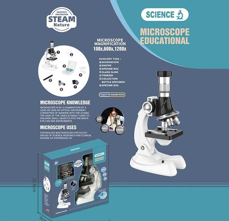 Мікроскоп 3303 (60) збільшення 100х, 600х та 1200х, інструменти, зразок, скельця, підсвічування, в коробці