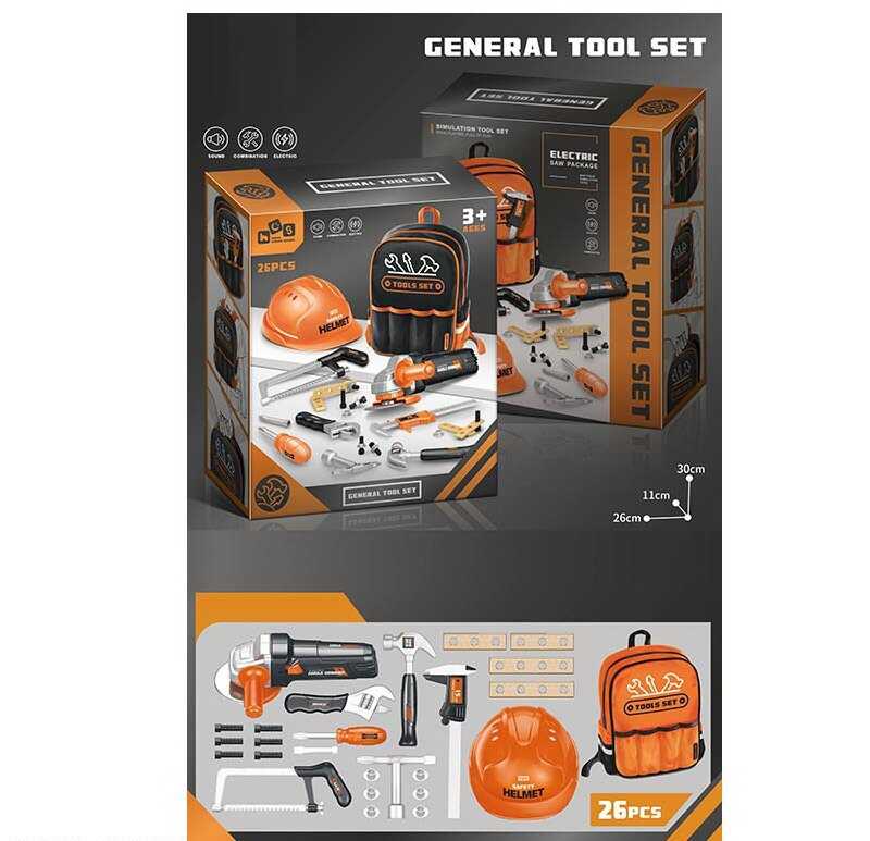 Набір інструментів 778-39 (24/2) 26 елементів, болгарка, каска, молоток, викрутка, пила, рюкзак, штангенциркуль, в коробці