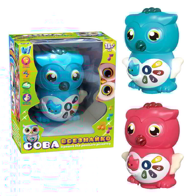 Музична сова 36736 (36/2) "WToys", 2 кольори, ОЗВУЧУВАННЯ УКРАЇНСЬКОЮ МОВОЮ, казки, пісні, загадки, скоромовки, колесо вільного ходу, підсвічування, в коробці