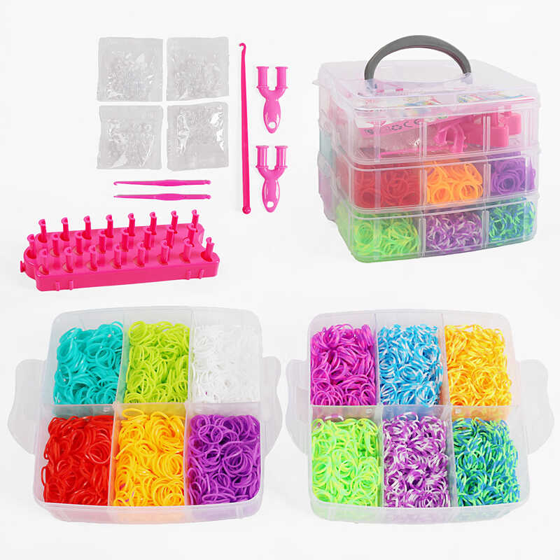 Набір резиночок для плетіння J 787 (36/2) 12 кольорів, пластикова фурнітура, рогатки, гачки, верстат, інструкція, в боксі