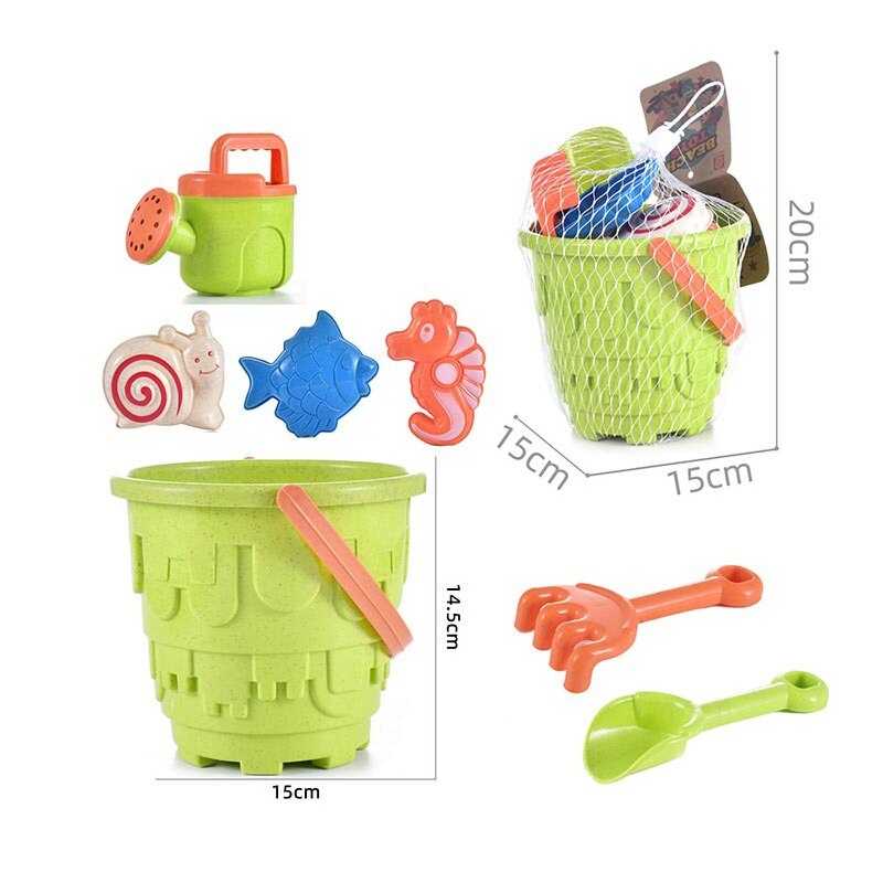 Пісочний набір C 479 (72/2) відерце висотою 14.5 см, 3 формочки-тваринки, лійка, граблі, лопата, в сітці