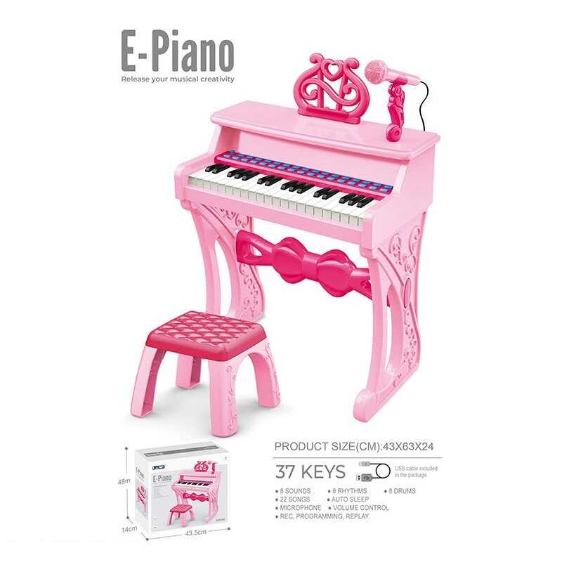 Піаніно 328-61 (6) мікрофон, стілець, 37 клавіш, працює від мережі або батарейок, звук, мелодії, 2 AUX-роз'єми, AUX-кабель, USB-AUX кабель, регулювання гучності, функція запису, в коробці