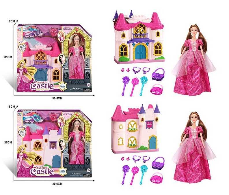 Замок з лялькою KDL 55 (24/2) 2 види, висота ляльки: 30 см, шарнірні з'єднання, знімна сукня, аксесуари, розмір замка: 23х24, відчиняються дверцята, в коробці, ВИДАЄТЬСЯ МІКС