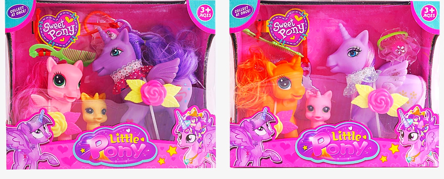 Поні 907-4 , 3 види, 3 фігурки, люстерко, гребінець, резинка для волосся, 2 заколки, в коробці