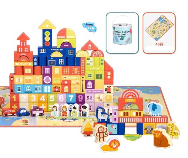 Конструктор дерев’яний C 74301 (12) 122 елементи, мішечок для зберігання, пазли, у відрі