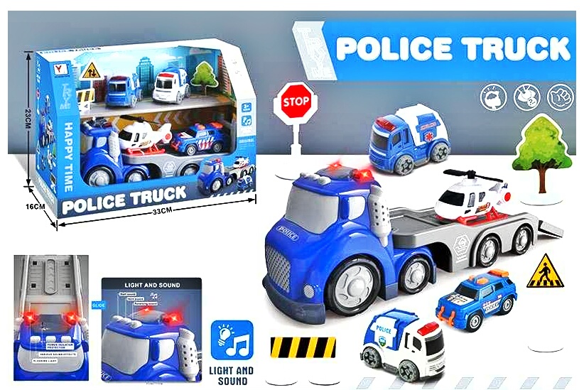 Трейлер 98-332 AТрейлер 98-332 A , “Поліція”, розмір: 28х9.5х11 см, підсвічування, звук, гелікоптер, джип, 2 машини з інерцією, аксесуари, в коробці