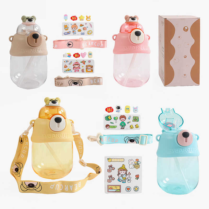 Пляшка для води C 69363 (40) 900 мл, пластикова, наліпки, трубочка, ремінець, пластикова застібка, в коробці, ВИДАЄТЬСЯ ТІЛЬКИ МІКС ВИДІВ