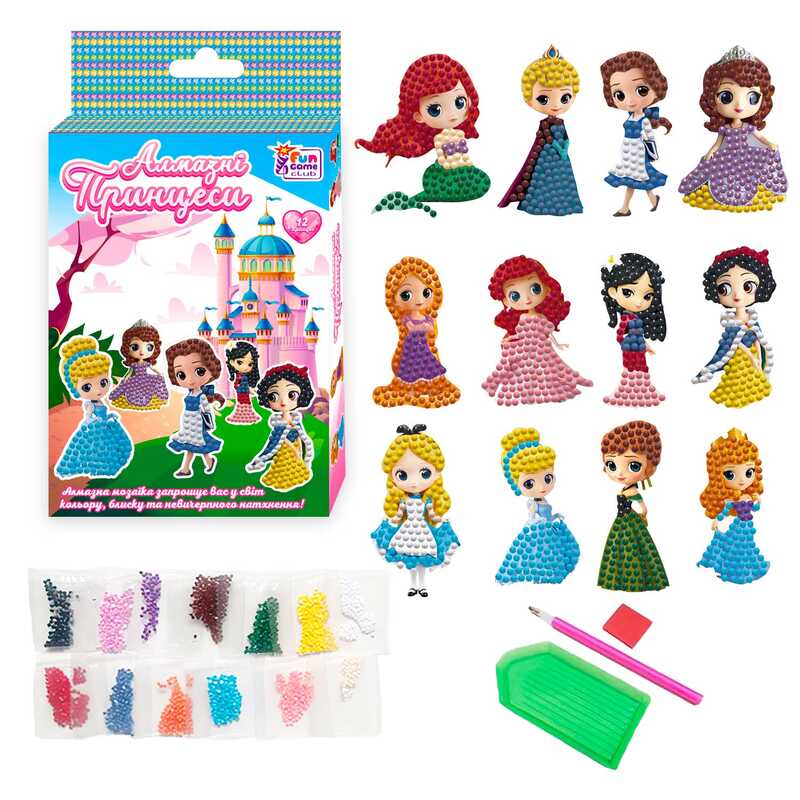 гр Алмазні стікери "Принцеси" 62291 (60) "4FUN Game Club", наліпки, стилус, силіконовий клей, піддон, алмази, в коробці
