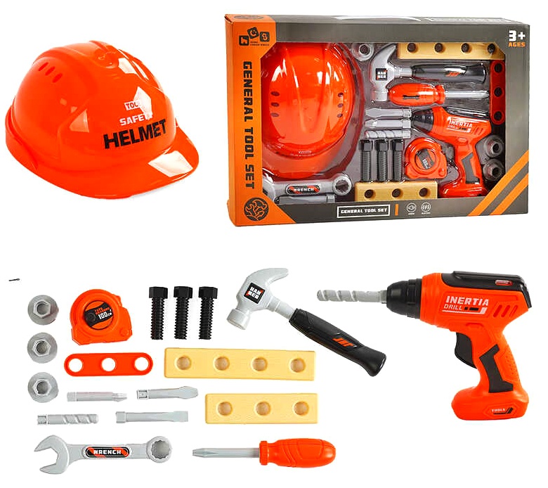 Набір інструментів 778-29 , 19 елементів, механічний дриль, будівельна рулетка, каска, в коробці